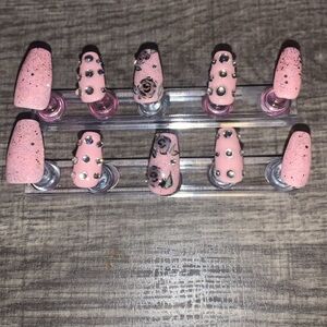 Pink Rose Nail Set with Rhinestones